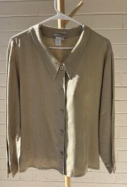 Vintage Coldwater Creek Linen Rayon Button Blouse Women Size PL Khaki Sage